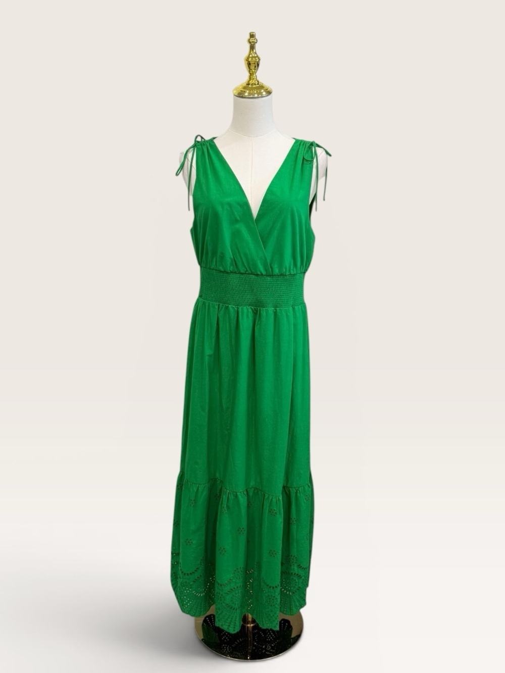 Adrianna Papell Smocked Waist Tie Sleeve Eyelet Cotton Sundress Kelly Green NWT - Picture 5 of 15